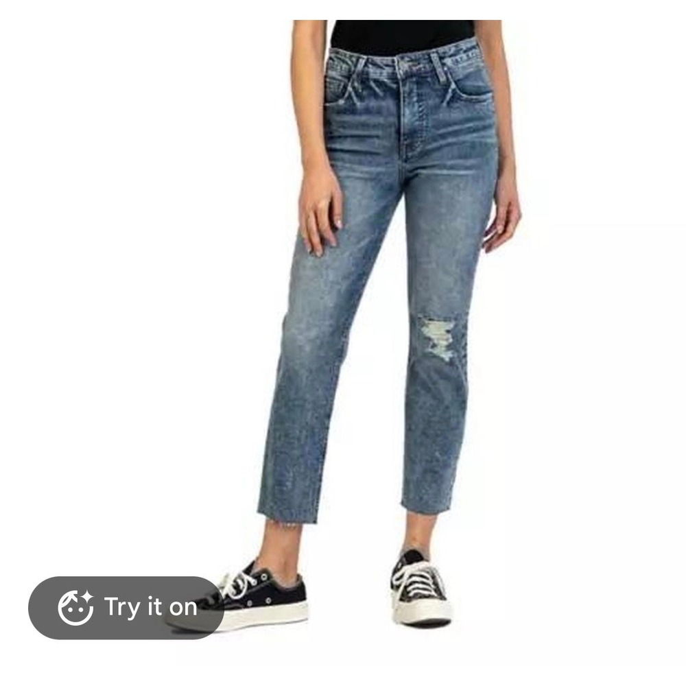 Kut from the Kloth High Rise Straight Leg Distressed Jeans Blue Size 16